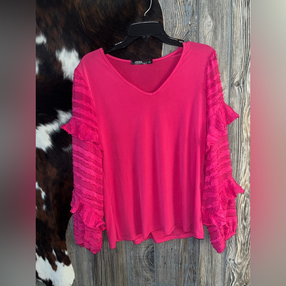 CURE brand size small fuchsia pink sheer long ruffle sleeve EUC